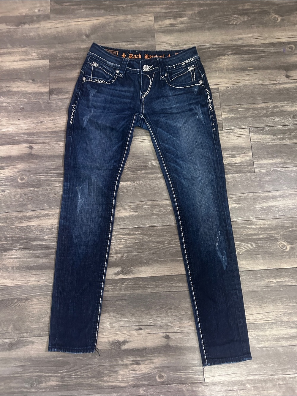 Rock Revival Dark Wash Skinny Jeans Size 27 Contrast Stitch Distressed Denim